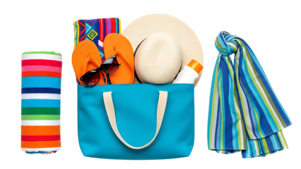 Beach essentials in blue tote bag with towels isolated on transparent background