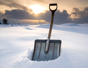 Snow Shovel Stuck in Deep Snow at Sunset.