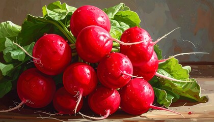 Vibrant red radishes with lush green leaves, still wet, resting on a slightly shadowed wooden surface