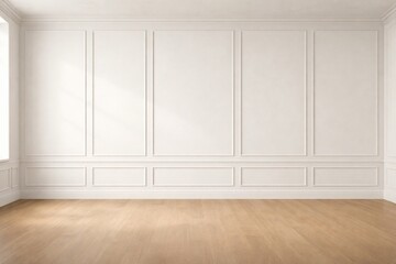 White Paneled Wall Interior with Soft Natural Light and Wooden Floor