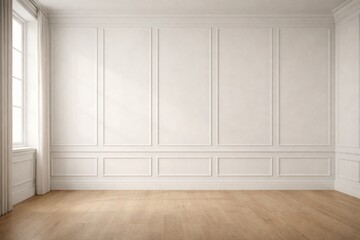Front View White Paneled Wall Interior with Wooden Floor