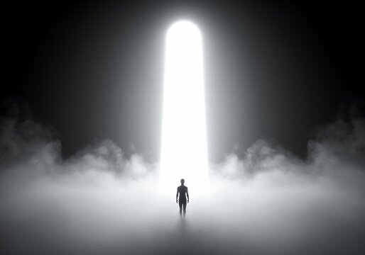 Ethereal fog surrounding a rising column of pure white light, representing the journey toward ultimate metaphysical understanding, hope, beyond, existence