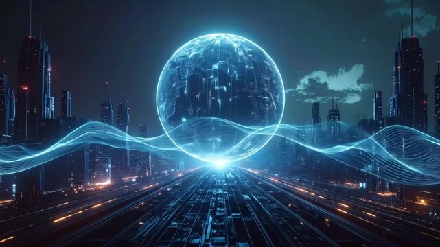 Futuristic Cityscape with Glowing Sphere and Lines