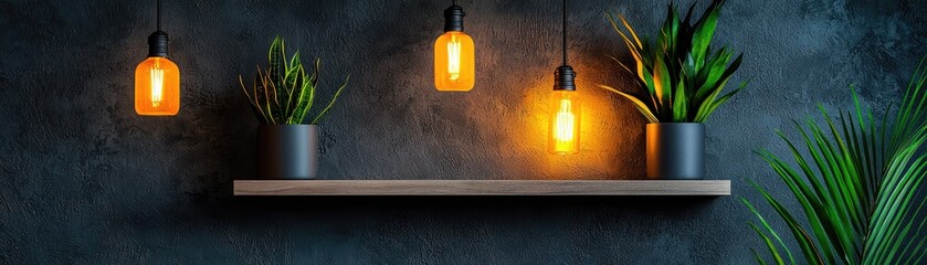 Rustic home decor with warm lighting and greenery.