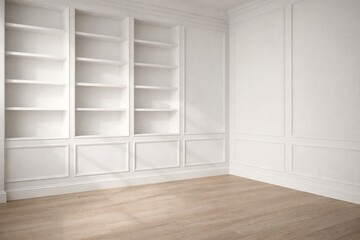 Empty White Paneled Room with Built-In Shelving and Wooden Floor