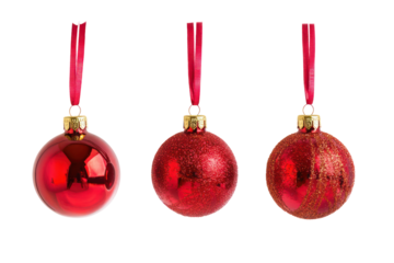 Red bauble Christmas ball with a long ribbon decoration isolated on transparent background