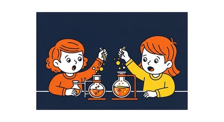 Two children conducting a chemistry experiment in a laboratory setting with beakers and a Bunsen burner