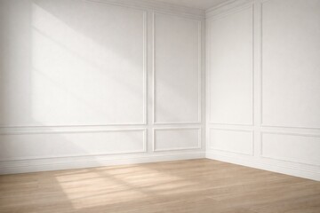 White Paneled Room Corner with Soft Window Light and Wooden Floor