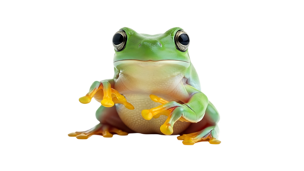 A green frog with big eyes sitting on white background isolated on transparent background