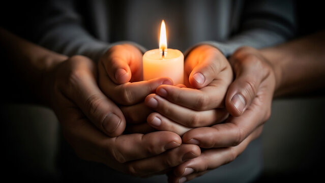 Child and adult hands holding candle symbolizing shared memory and protection