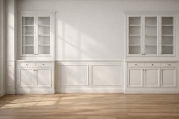 Empty White Paneled Room with Built-In Cabinets and Window Light