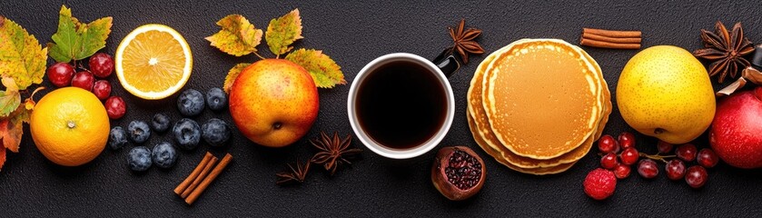 Autumnal breakfast scene with coffee, pancakes, and fruits.