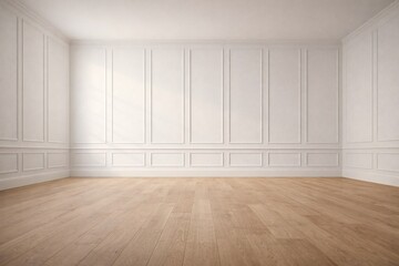 Empty White Paneled Room Interior with Wooden Floor and Copy Space