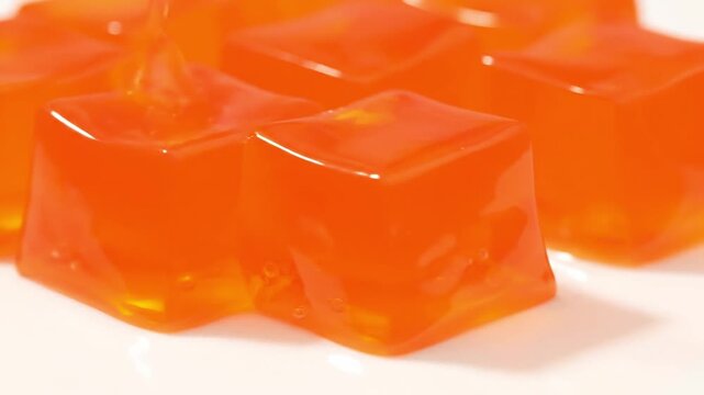 Close up of bright orange cube-shaped candies dripping with sticky liquid on a white surface