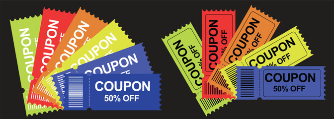 Colorful discount coupons with 50% off text arranged in two fan-like piles on a dark background, ready for promotions.