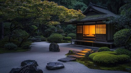 Tranquil evening scene in a traditional Japanese garden.