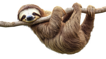 Adorable three-toed sloth with a gentle smile hangs comfortably from a thick tree branch looking directly towards the viewer with curious eyes.
