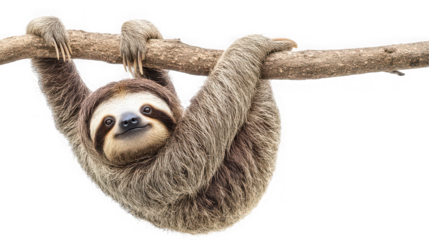 Adorable three-toed sloth with a gentle smile hanging upside down from a sturdy tree branch in a high-quality isolated image cutout