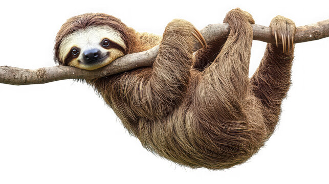 Adorable three-toed sloth with a gentle smile hangs comfortably from a thick tree branch looking directly towards the viewer with curious eyes.