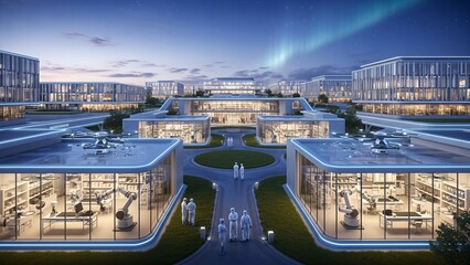 Modern Futuristic Research Facility with Robotic Arms and Aurora Borealis Sky