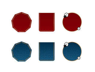 ボルドーレッド（深紅/臙脂色）とミッドナイトブルー（濃紺/鉄紺色）の2色展開。 背景には日本の伝統文様である亀甲花菱（きっこうはなびし）の透かしパターンが入っている。 形状は左から「ゴールド枠の八角形」、中央が「下部がカットされたリボン形状の長方形」、右が「梅の花の飾りがついた円形」の3種