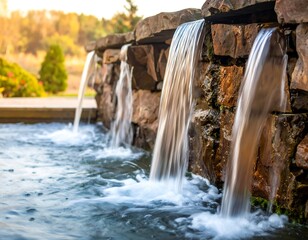 Water cascades from stone walls into a shimmering pond, blurred motion creating a peaceful scene with warm, golden light
