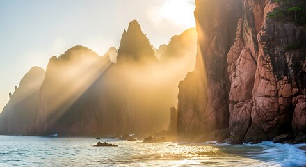 Sunset over calm ocean water cliffs.