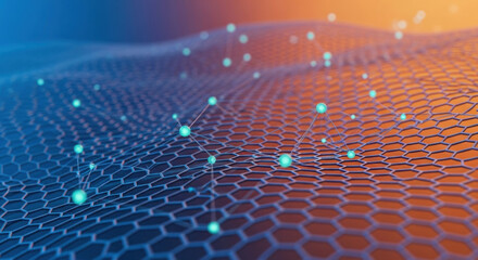 Abstract image shows a blue and orange gradient hexagonal network with connected spheres forming a complex, wavy digital landscape, ideal for technology and science concepts.