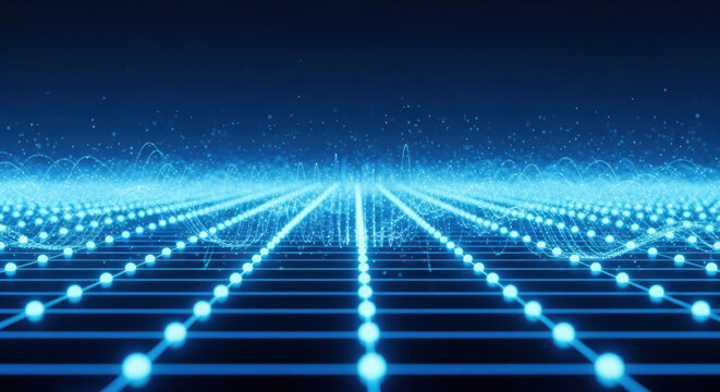 Abstract blue data grid features glowing nodes connected in a network with a perspective view creates futuristic feel and digital communication theme. - Powered by Adobe