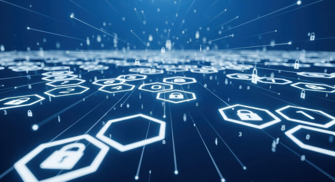 Futuristic abstract cybersecurity network on a blue digital background featuring glowing lock icons, representing data protection and online security. - Powered by Adobe