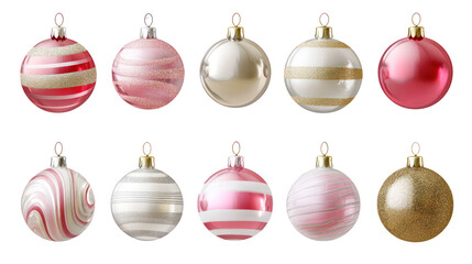 A collection of elegant Christmas glass ornament balls in various colors isolated on transparent background