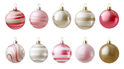 A collection of elegant Christmas glass ornament balls in various colors isolated on transparent background