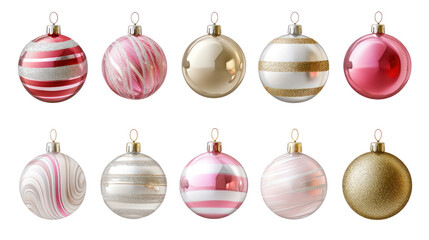 A collection of elegant Christmas glass ornament balls in various colors isolated on transparent background