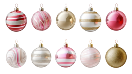 A collection of elegant Christmas glass ornament balls in various colors isolated on transparent background