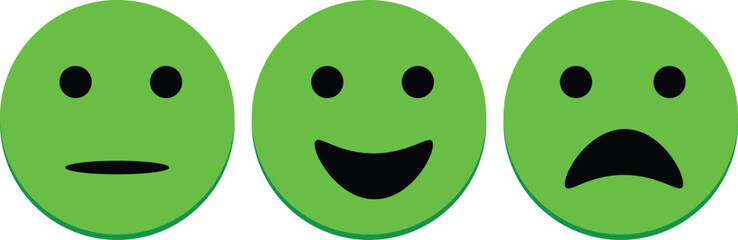 Fototapeta premium A row of three green emoji faces showing neutral, happy, and sad expressions on a white background.