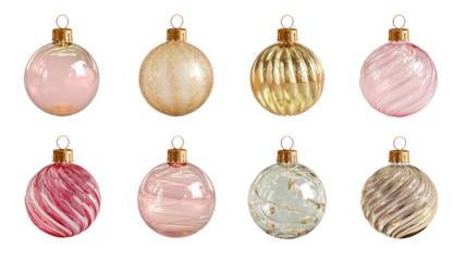 A collection of elegant Christmas glass ornament balls in various colors isolated on transparent background