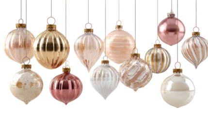 A collection of elegant Christmas glass ornament balls in various colors isolated on transparent background