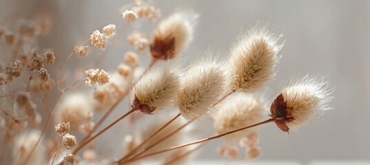 A serene display of delicate dried flowers and soft grasses, capturing the essence of nature's beauty in subtle, warm tones.