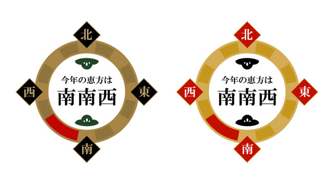 アンティークゴールドとクリムゾンレッドの2配色、「今年の恵方は南南西」のテキストと松の装飾が入った節分用コンパス・方位盤イラスト｜円形のリングフレームの四方（上下左右）には、「北」「南」「東」「西」の漢字一文字が入った菱形（ひし形）の飾りが付いた、節分イベント専用の方位コンパスデザイン