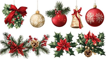 Christmas ornaments and decorations including baubles holly poinsettias and pinecones for festive holiday design elements