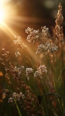 Sunlit Meadow Featuring Delicate Wildflowers Bathed in Warm Glowing Light During Golden Hour, Capturing Nature's Serenity and Beauty