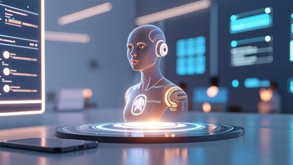 Small android hologram glowing on a table in a dark high tech room