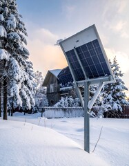 Solar Panel in Snowy Landscape - Sustainable Energy in Winter.