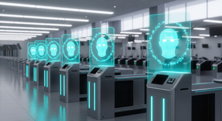 Automated passport control gates with glowing holographic faces in a bright, modern airport terminal feature rows of self-service kiosks for efficient identity verification.