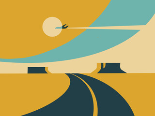 Journey into the unknown A surreal desert landscape with a road leading to a bright future, symbolizing travel and aspiration © Sixer's Design