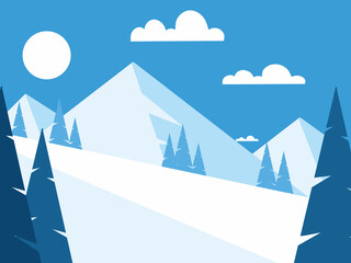 Minimalist flat design illustration of a serene winter mountain landscape with snow-capped peaks, evergreen trees, and a clear sky, perfect for backgrounds and digital projects