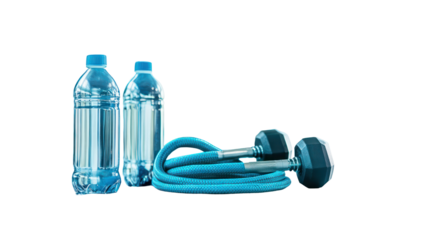 Active lifestyle concept with jump rope dumbbells and water bottle isolated on transparent background