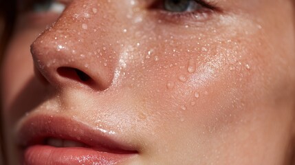 Fototapeta premium Woman's face close-up showing perspiration and water droplets on humid skin