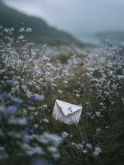 A Serene Scene of Wildflowers Surrounding a Delicate White Envelope in a Calm Natural Landscape