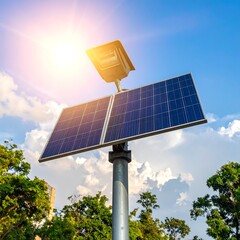 Solar Panel Street Light - Sustainable Energy Solution Under Blue Sky.